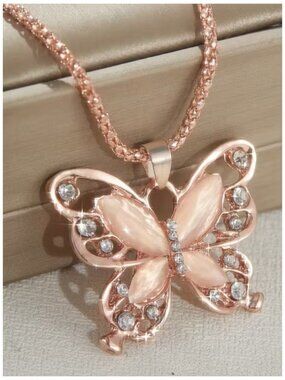 Necklace Butterfly Pendant Necklace with Synthetic Zirconia Rose Golden Finish